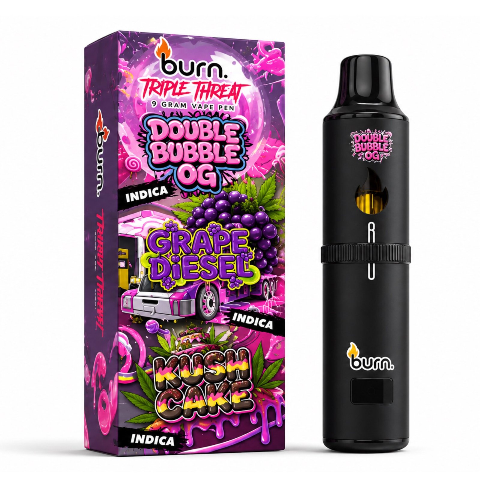 Burn Triple Threat – Double Bubble OG + Grape Diesel + Kush Cake (9 Gram)