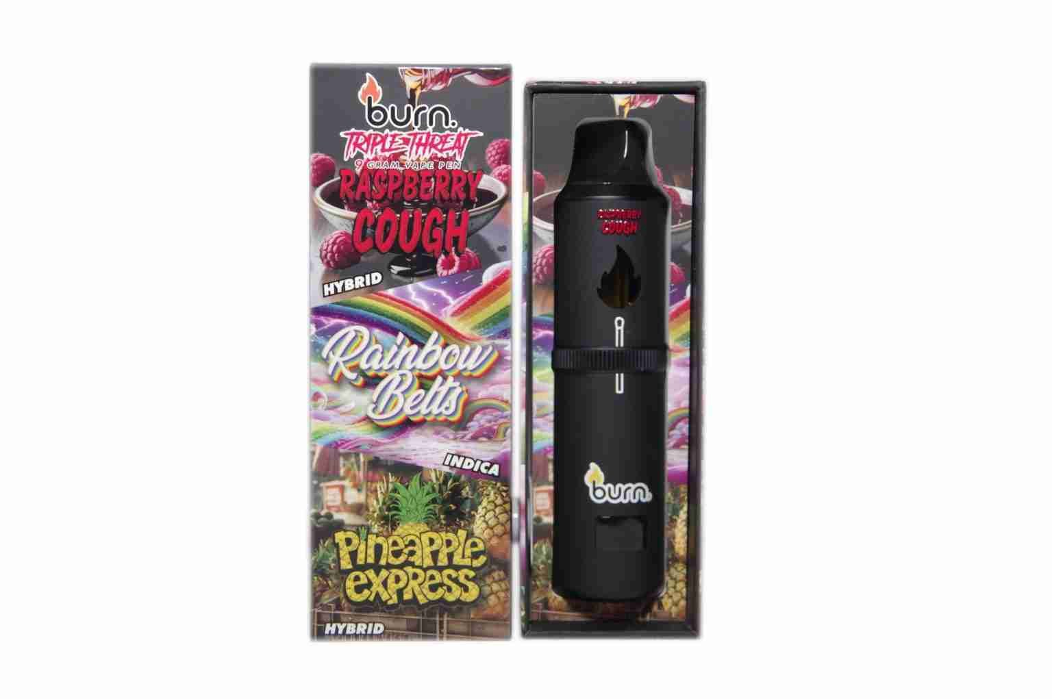 Burn Triple Threat – Raspberry Cough + Rainbow Belts + Pineapple Express (9 Gram)